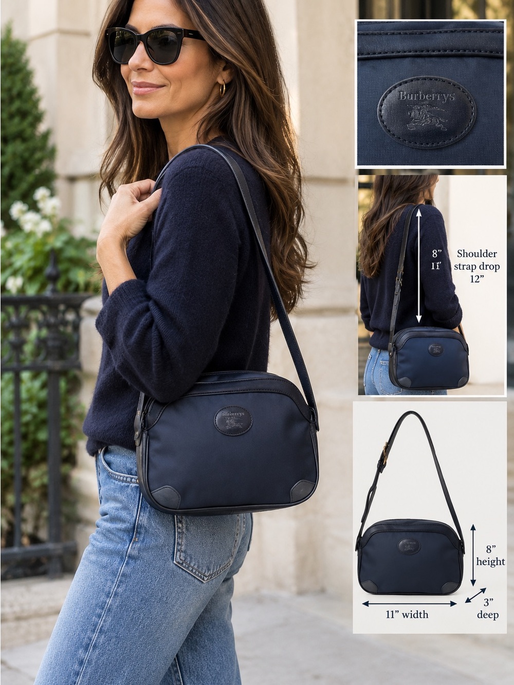 Burberry Navy Blue Nylon Shoulder Bag with Leather Trim VTG EUC